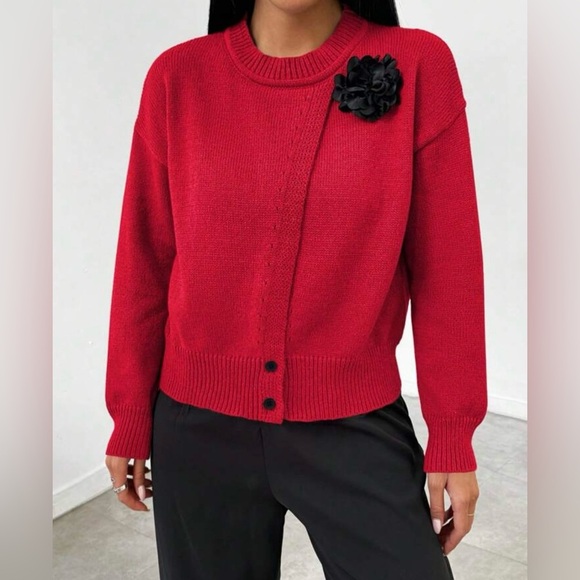 Shein Red Knit Cardigan with Black Flower Accent – Size M Office Church Party - Picture 11 of 11